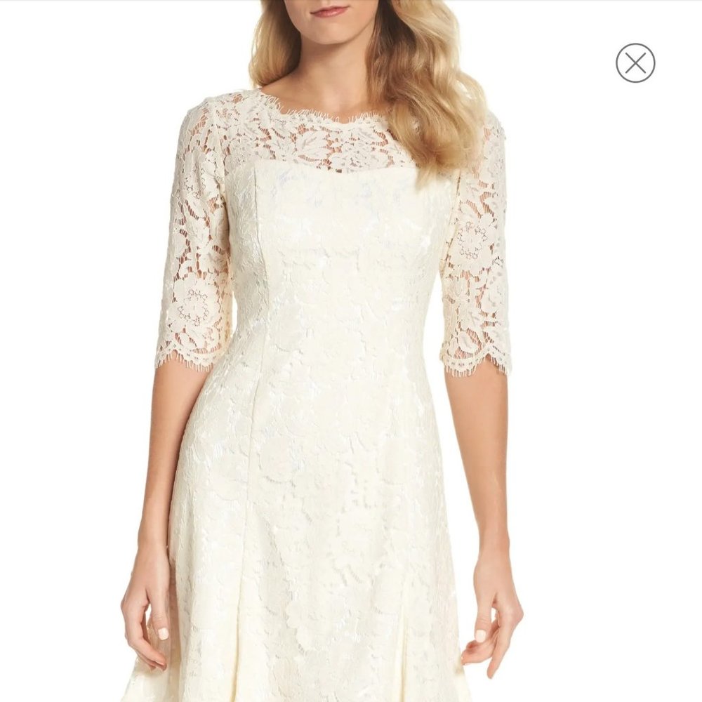 Eliza J Ivory Cocktail Fit-and-Flare Lace Dress